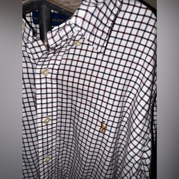 Maroon and dark blue plaid polo button down - Picture 2 of 3